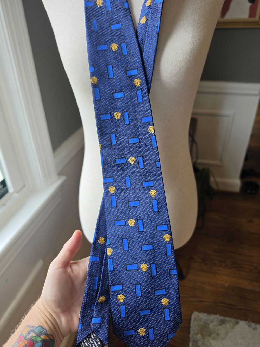 Versace Blue Silk Tie with Gold Medallion and Bright Blue Geometric Pattern